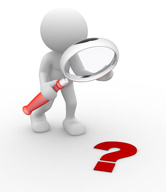 3d people man, person magnifying glass question mark red search.